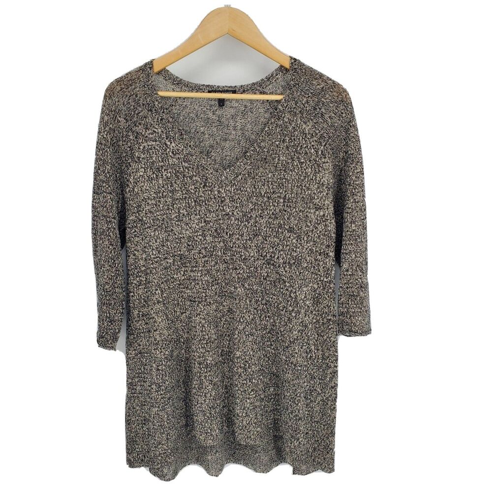 Eileen Fisher Womens Washable Wool Linen Twist Knit Tunic Top Black Gray Large